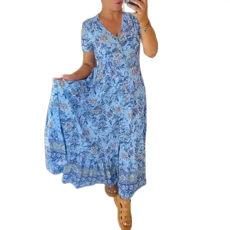 Floral Allure: Elegant Women’s Flower Print Deep V-Neck Dress