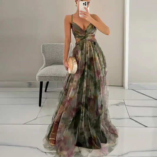 Elegant Print Pleated Mesh Evening Dress Sexy off Shoulder Ins Vacation Long Dress Summer V Neck High Waist Backless Sling Dress